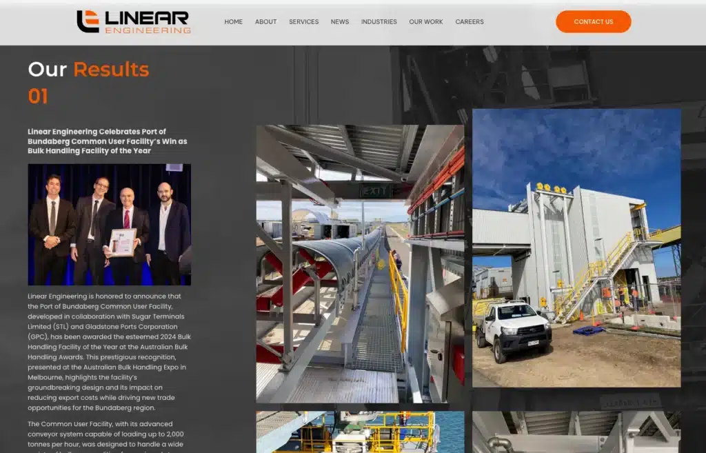 A company webpage showcases an engineering award with text, photos of industrial facilities, a conveyer system, equipment, and three people holding a plaque, serving as an inspiring example of impactful website design and project showcases.